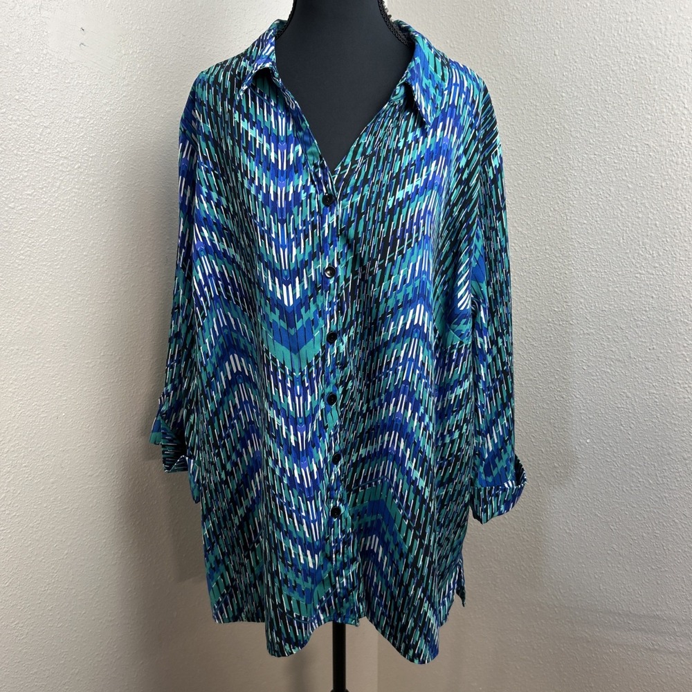Catherines Blouse Women's 2X Blue & Green Geometric Roll Tab Sleeve Button Front